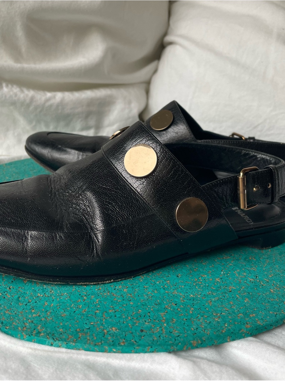 Pierre Hardy Black Leather Slingback Loafers with Gold Discs